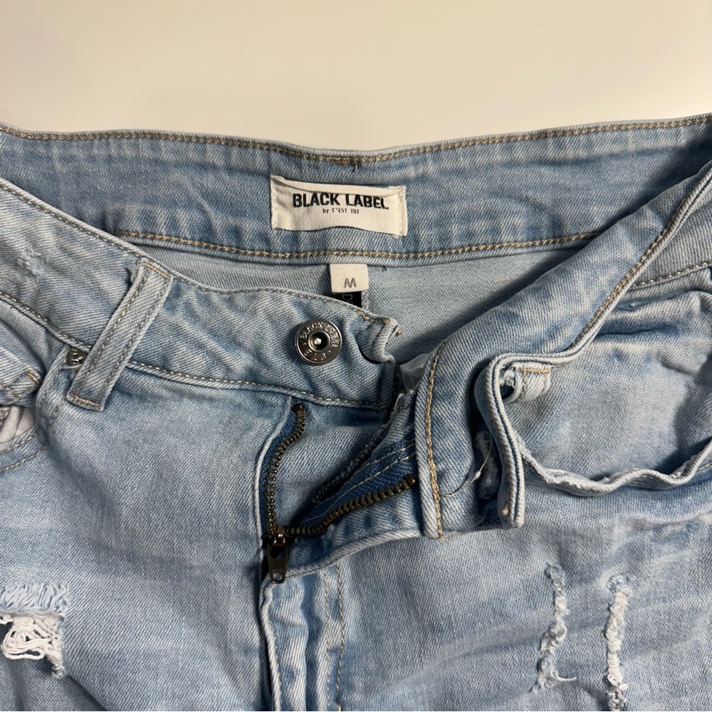 Black Label Light Wash Frayed Ripped Denim Shorts